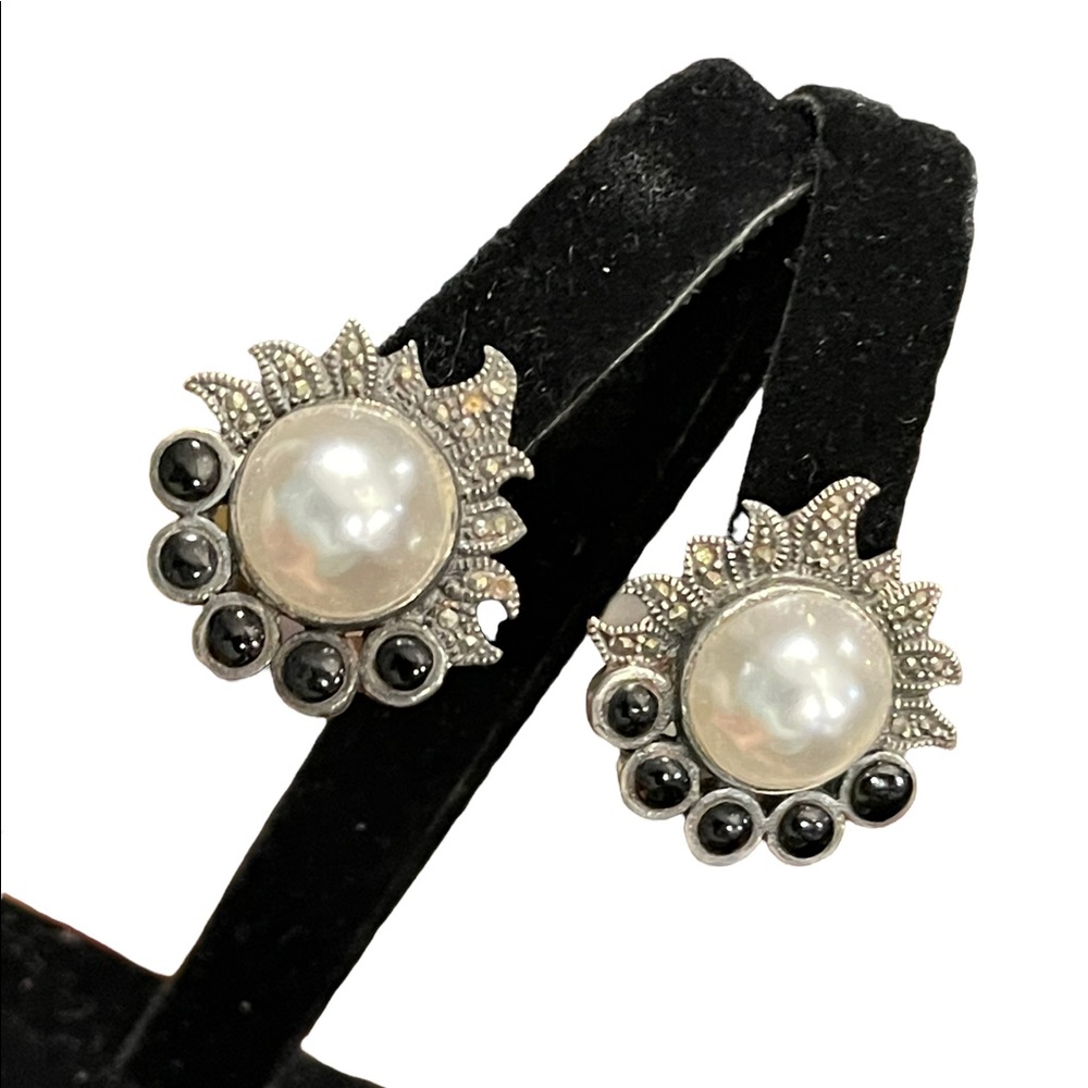 Vintage Sterling silver 925 Black onyx pearl marcasite earrings - Picture 1 of 8